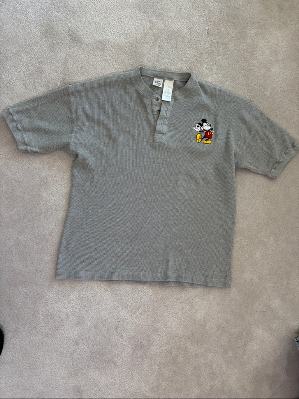 Vintage Disney Gray Henley Tee with Classic Mickey Embroidery